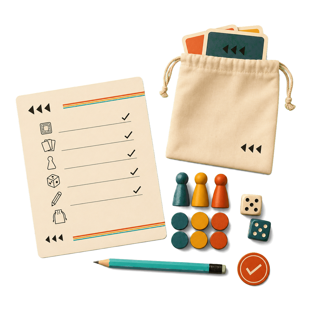 Checklist de devolución Table Rewind con fichas, dados y lápiz aqua
