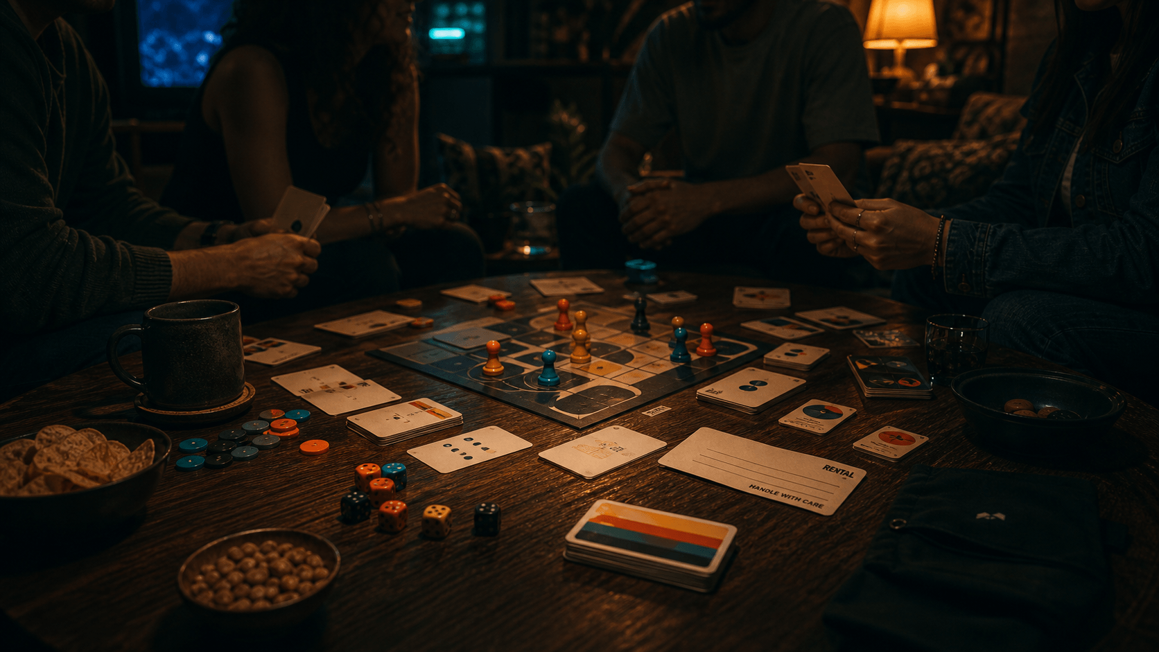 Mesa nocturna de juegos con amigos, luz cálida y ambiente Table Rewind